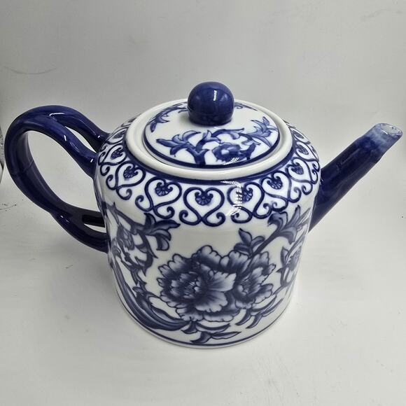 Vtg Blue White Porcelain Teapot Bombay Co Chinoiserie China Ceramic Porcelain - Picture 5 of 12